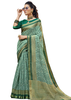 Green Cotton Saree With Blouse Piece