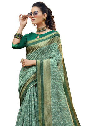 Green Cotton Saree With Blouse Piece