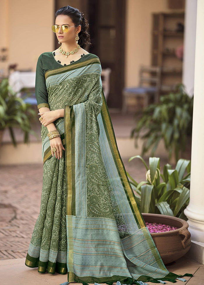 Dark Green Cotton Saree With Blouse Piece