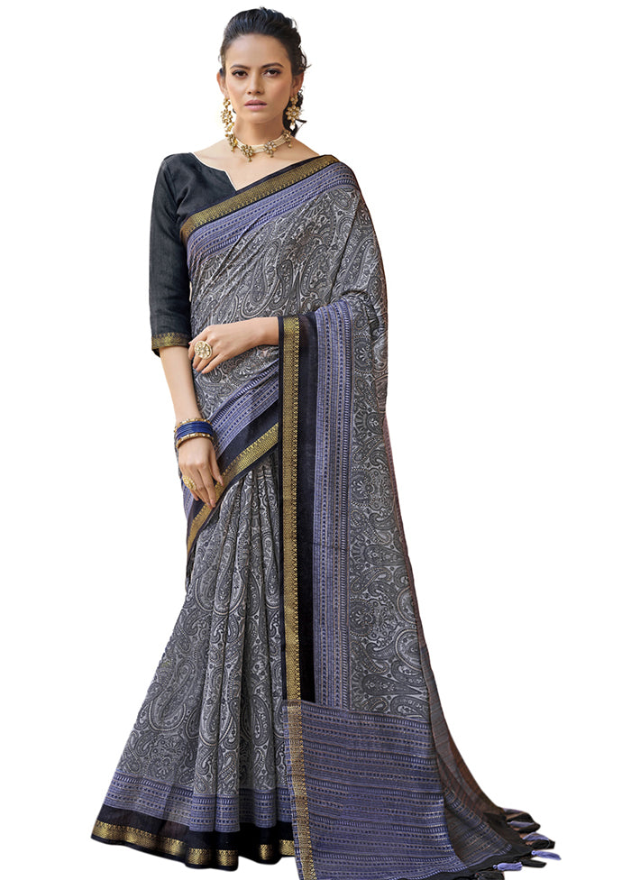 Grey Cotton Saree With Blouse Piece