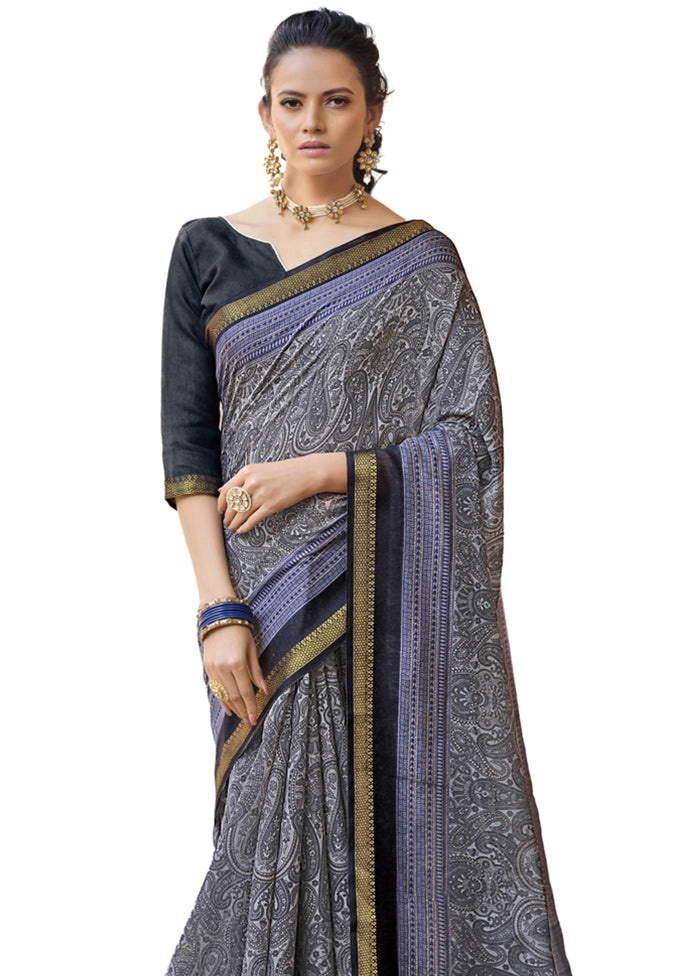 Grey Cotton Saree With Blouse Piece