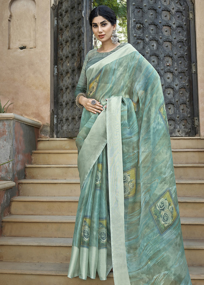 Turquoise Organza Saree With Blouse Piece