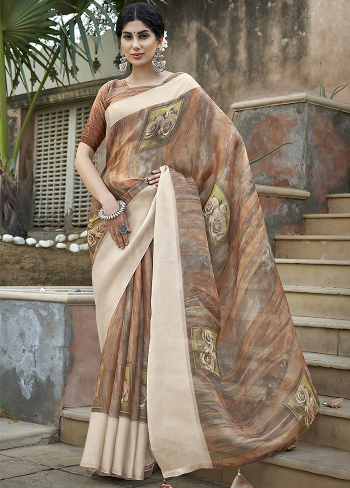 Brown Organza Saree With Blouse Piece