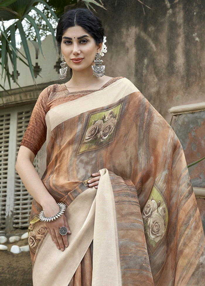 Brown Organza Saree With Blouse Piece