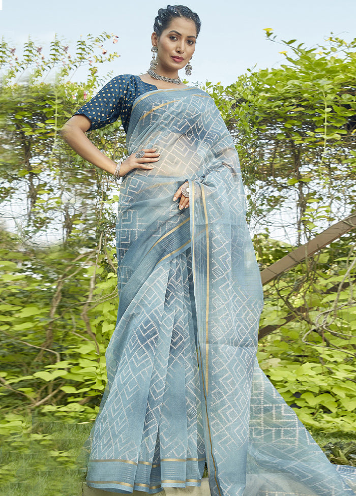 Blue Organza Saree With Blouse Piece