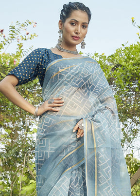 Blue Organza Saree With Blouse Piece