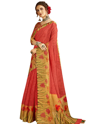 Orange Cotton Saree With Blouse Piece