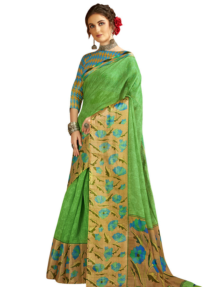 Green Cotton Saree With Blouse Piece