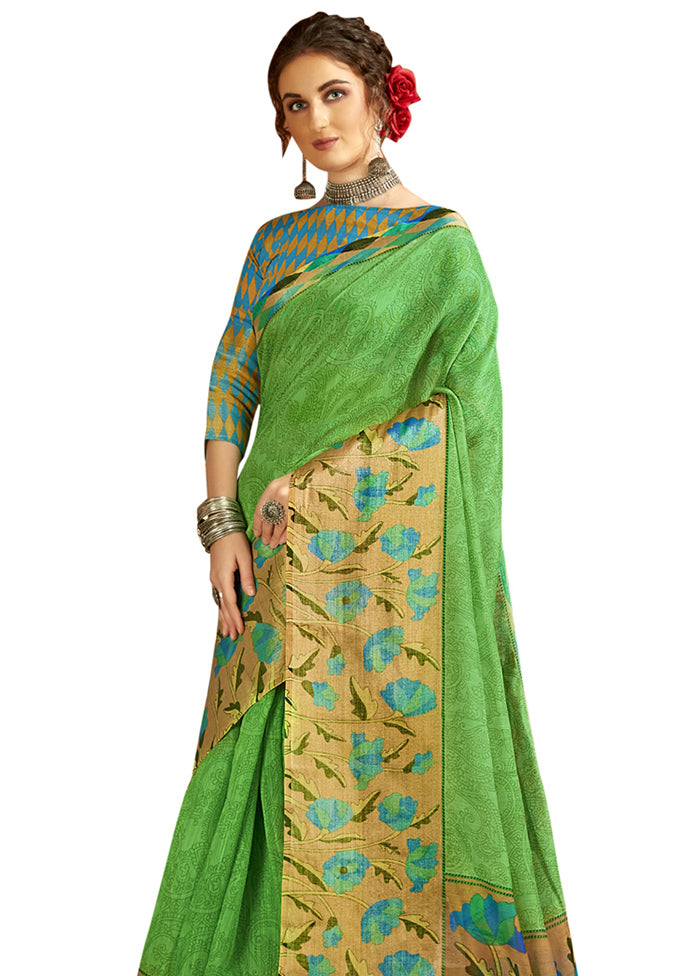 Green Cotton Saree With Blouse Piece