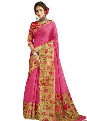 Pink Cotton Saree With Blouse Piece