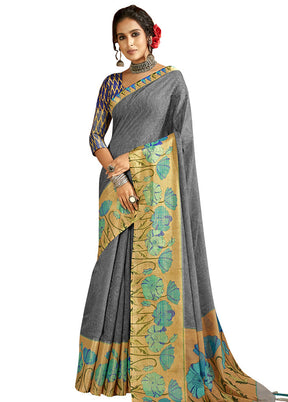 Grey Cotton Saree With Blouse Piece