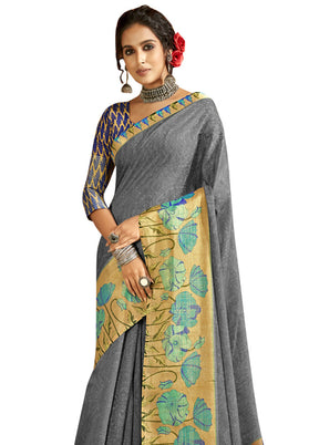 Grey Cotton Saree With Blouse Piece