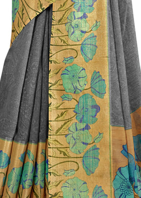 Grey Cotton Saree With Blouse Piece