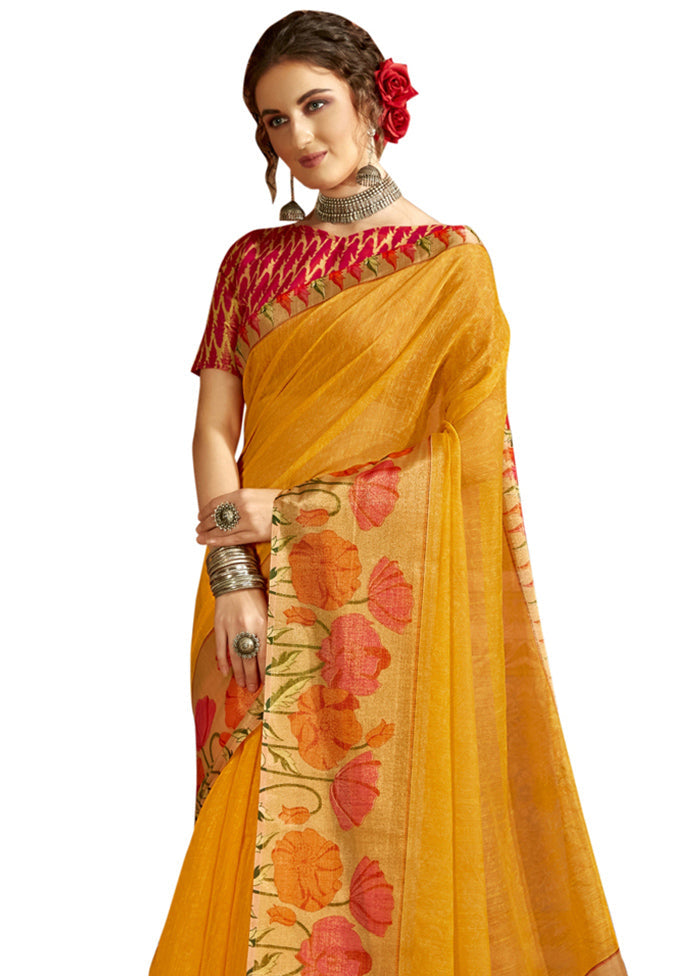 Yellow Cotton Saree With Blouse Piece