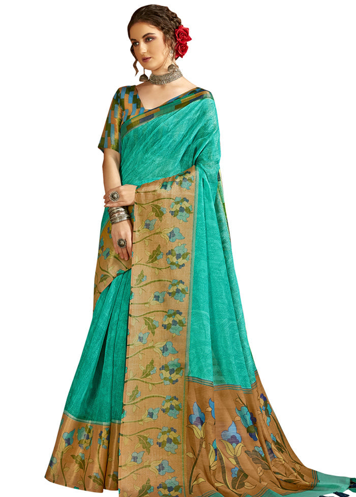 Turquoise Cotton Saree With Blouse Piece