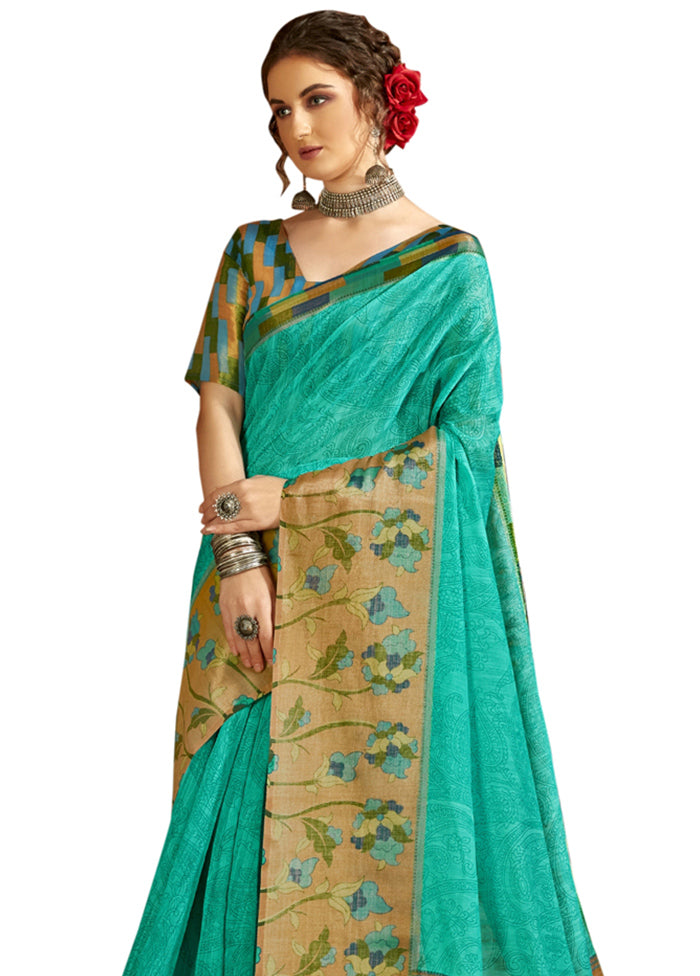 Turquoise Cotton Saree With Blouse Piece