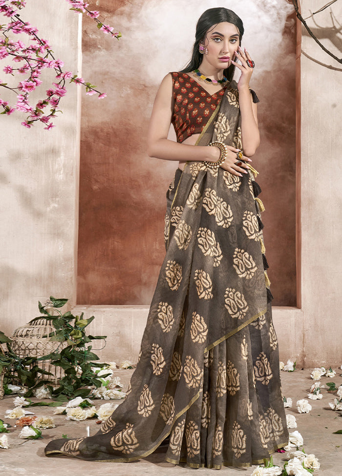 Grey Cotton Saree With Blouse Piece