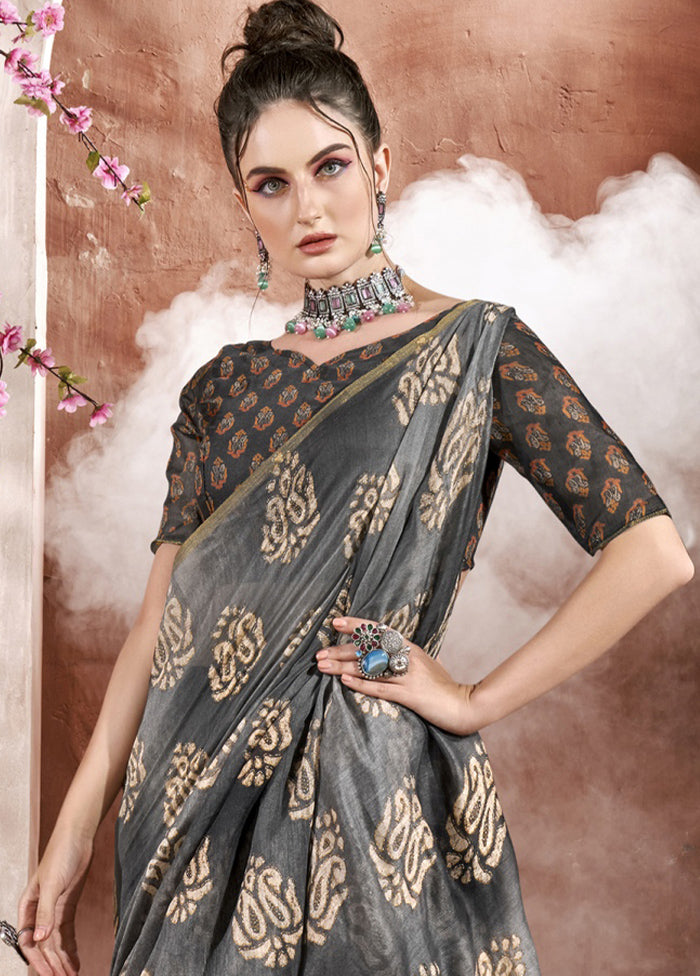 Grey Cotton Saree With Blouse Piece