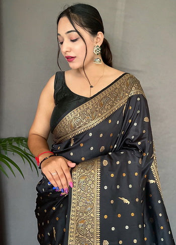Black Zari Woven Spun Silk Saree With Blouse