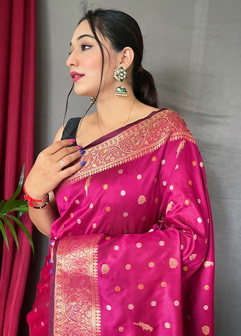 Pink Zari Woven Spun Silk Saree With Blouse