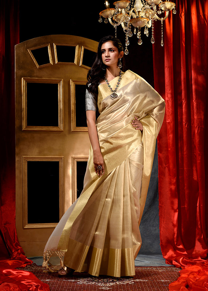 Golden Dupion Silk Saree With Blouse Piece