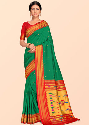 Green Paithani Work Spun Silk Saree With Blouse Piece