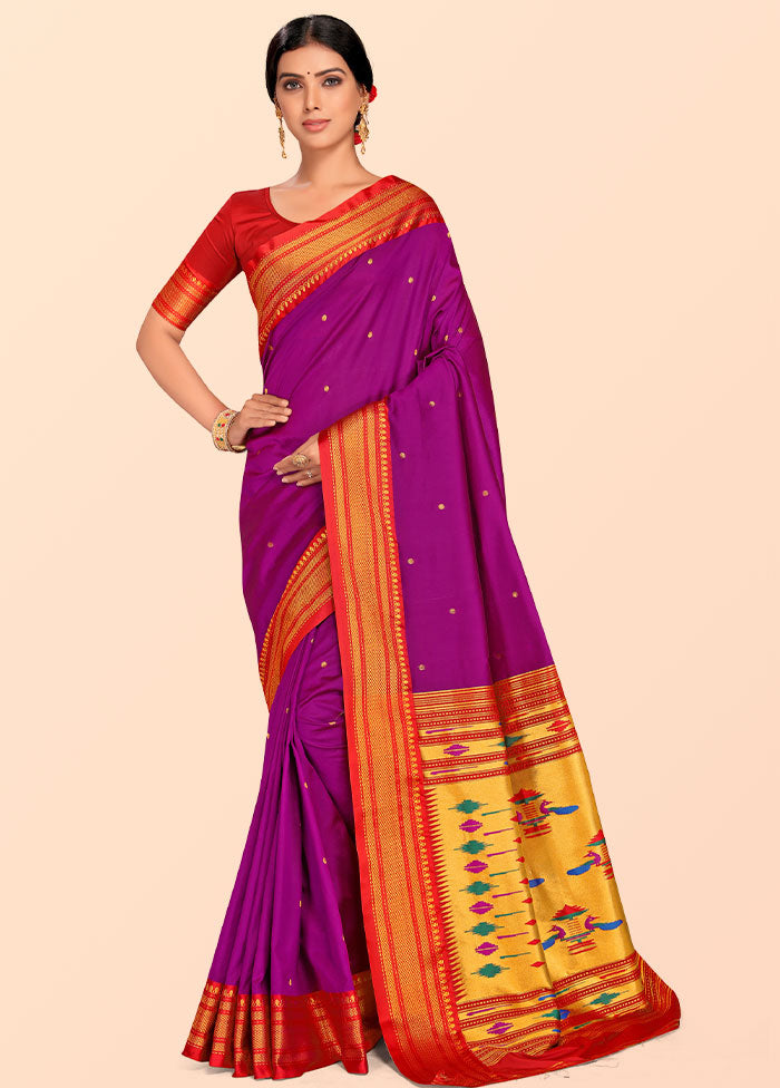 Purple Paithani Work Spun Silk Saree With Blouse Piece