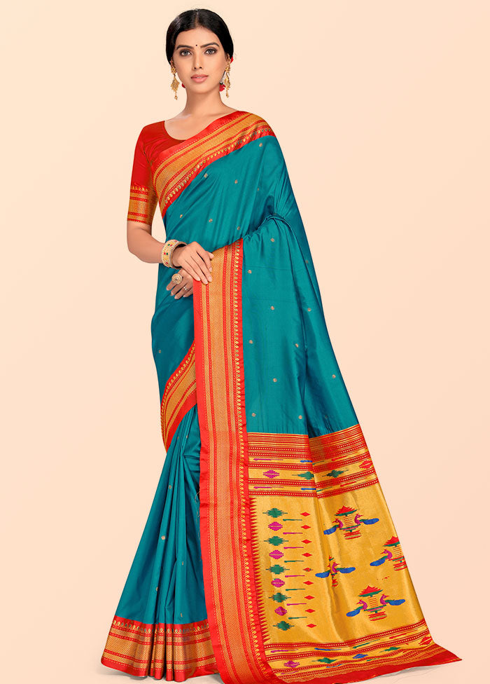 Blue Paithani Work Spun Silk Saree With Blouse Piece