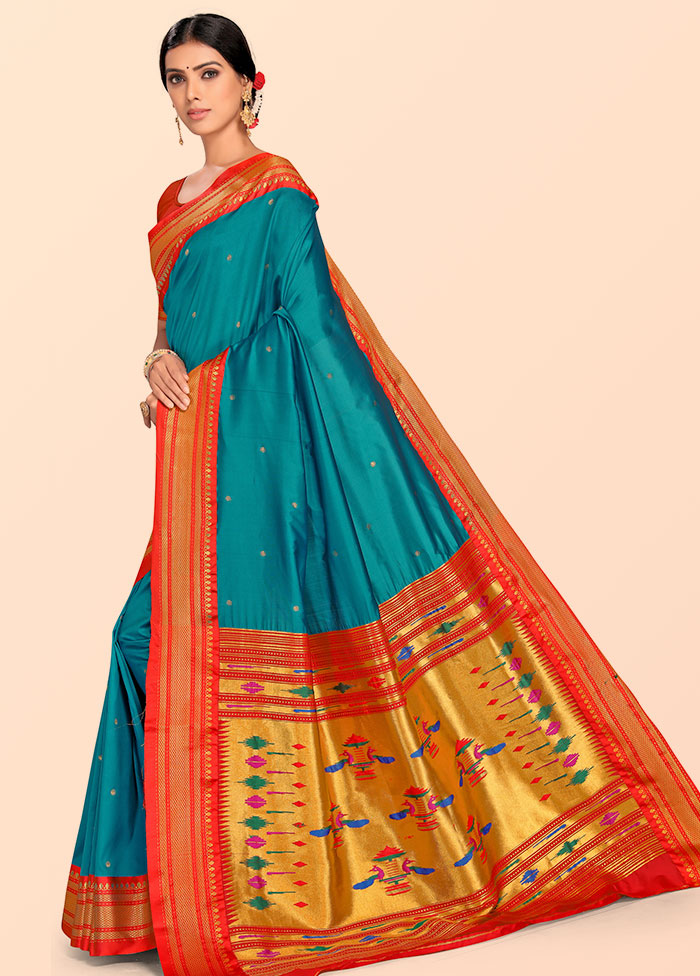 Blue Paithani Work Spun Silk Saree With Blouse Piece