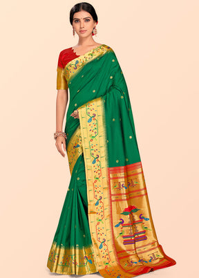 Green Paithani Work Spun Silk Saree With Blouse Piece