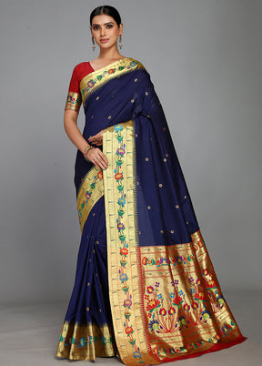 Navy Blue Paithani Spun Silk Saree With Blouse Piece