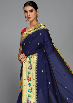 Navy Blue Paithani Spun Silk Saree With Blouse Piece