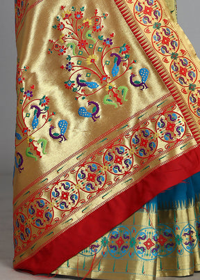 Sky Blue Paithani Spun Silk Saree With Blouse Piece