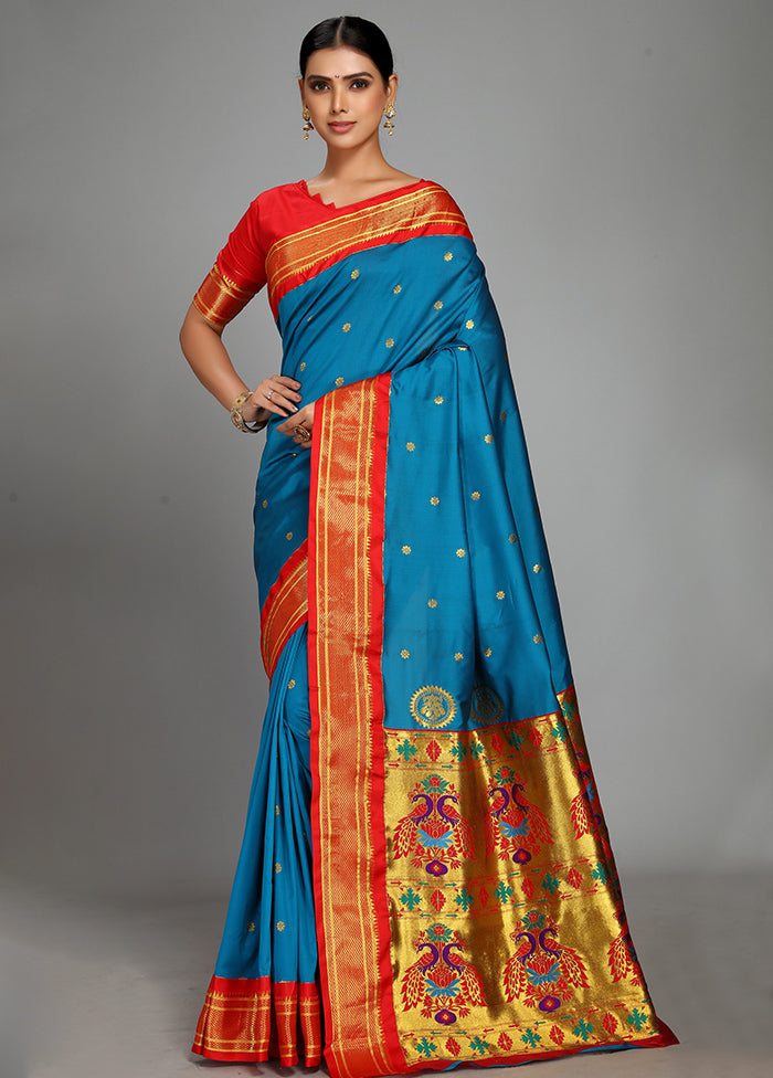 Sky Blue Paithani Spun Silk Saree With Blouse Piece