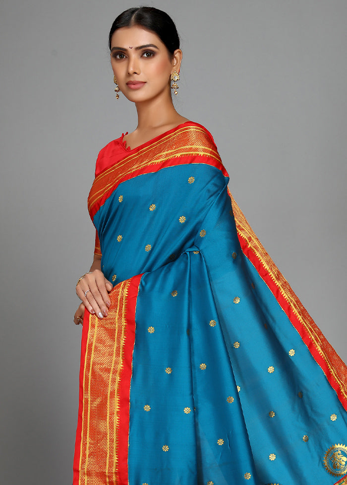 Sky Blue Paithani Spun Silk Saree With Blouse Piece