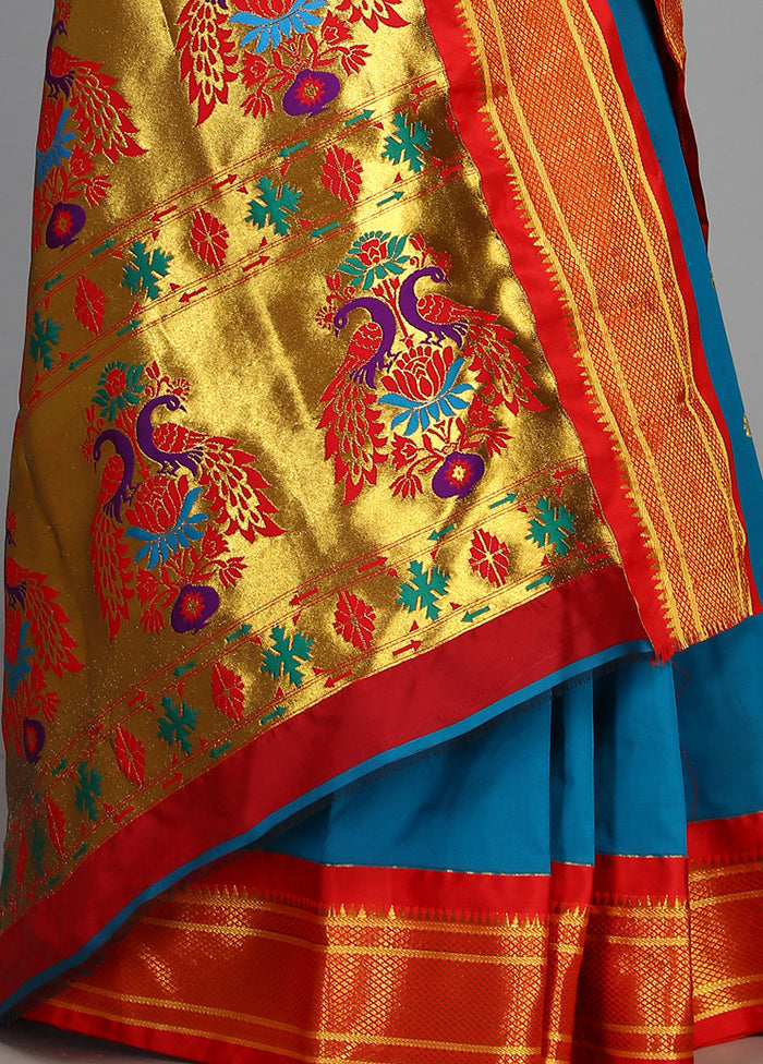 Sky Blue Paithani Spun Silk Saree With Blouse Piece