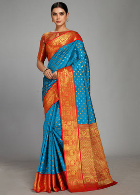 Sky Blue Spun Silk Saree With Blouse Piece