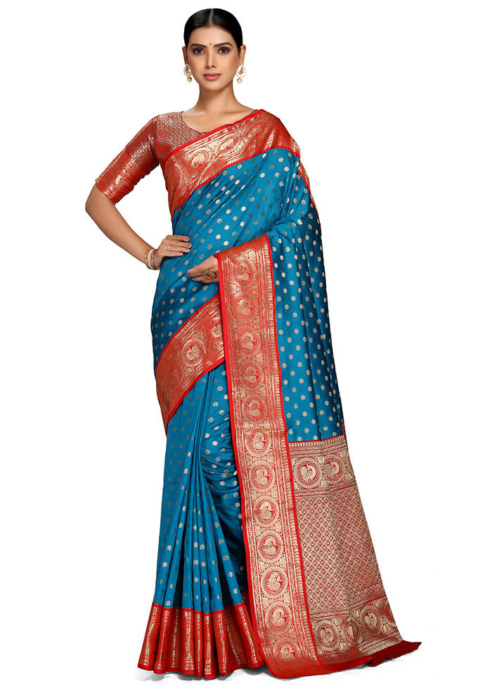 Sky Blue Spun Silk Saree With Blouse Piece