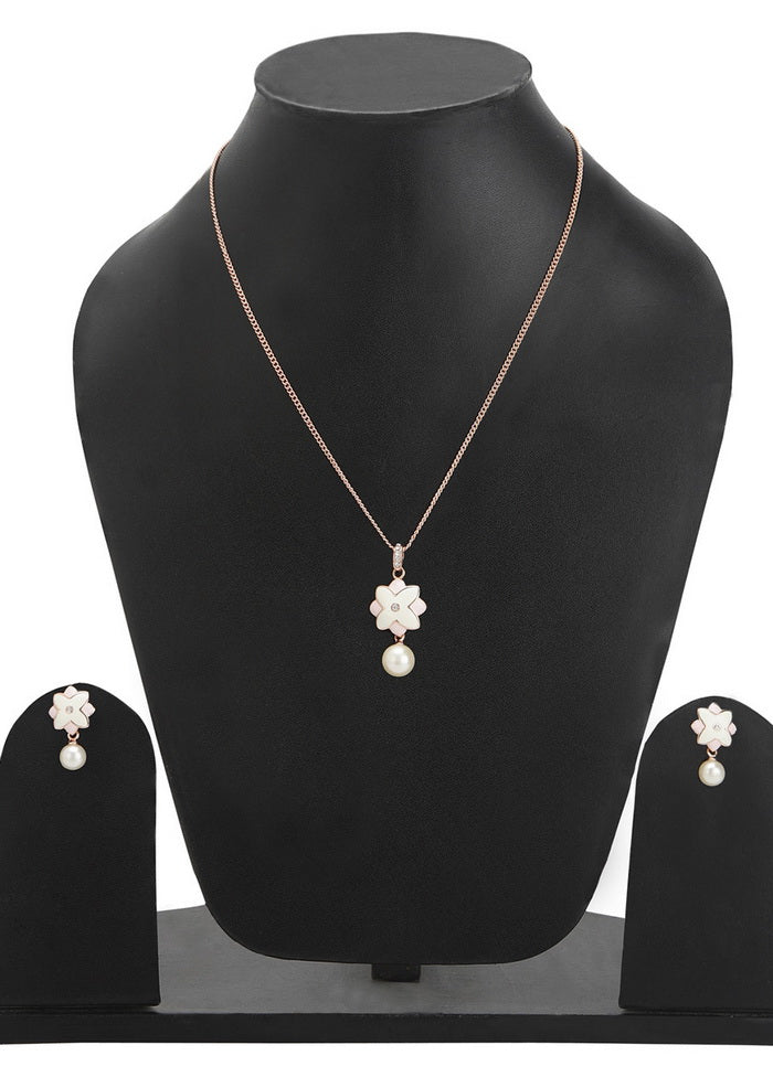 Estelle Charming Rose Gold Plated Solitaire Floral Pearl Drop Pendant Necklace