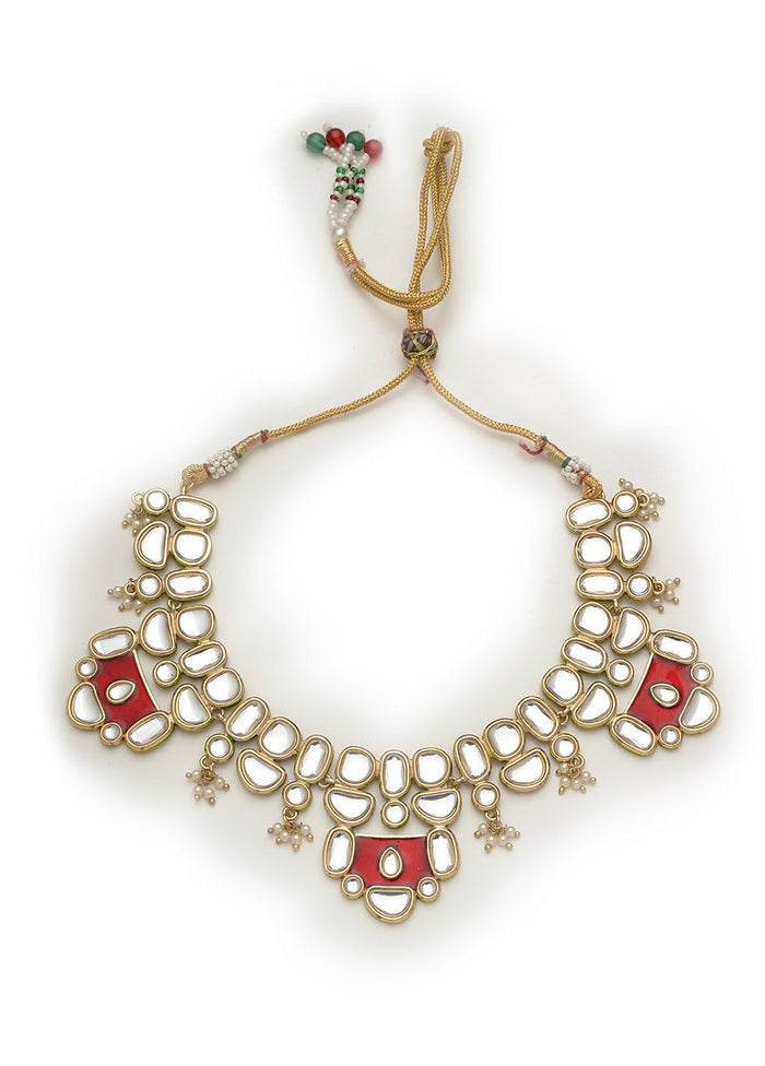 Estelle Traditional Gold tone Designer Red Enamel Kundan Necklace set