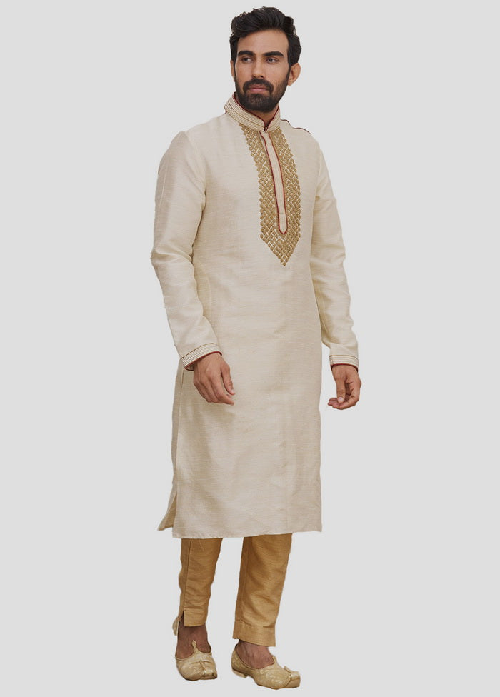 2 Pc Beige Dupion Silk Kurta And Pajama Set