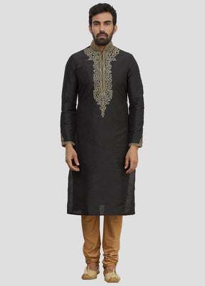 2 Pc Black Dupion Silk Kurta And Pajama Set