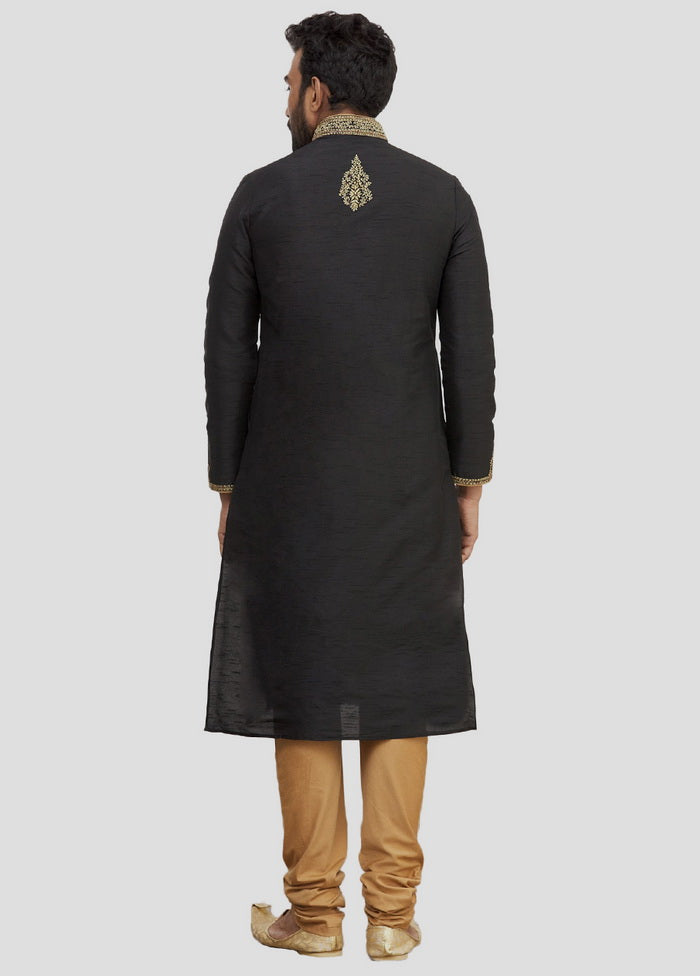 2 Pc Black Dupion Silk Kurta And Pajama Set