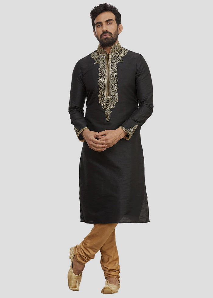 2 Pc Black Dupion Silk Kurta And Pajama Set