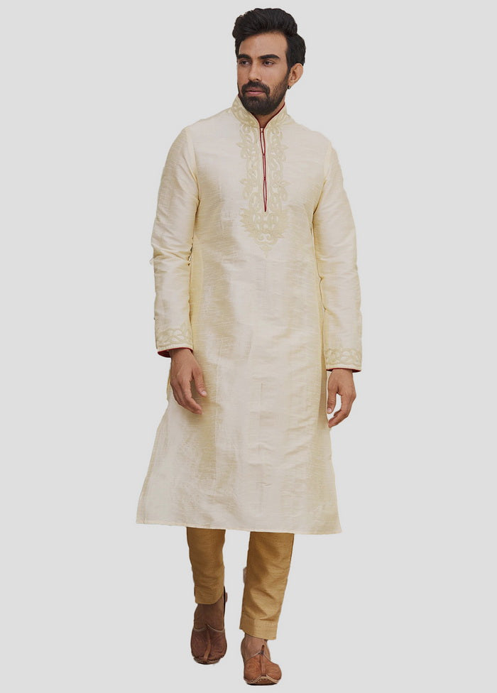 2 Pc Beige Dupion Silk Kurta And Pajama Set