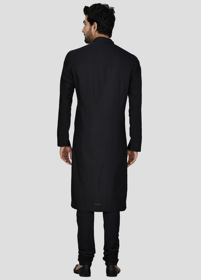 2 Pc Black Dupion Silk Kurta And Pajama Set