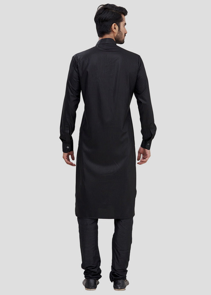 2 Pc Black Dupion Silk Kurta And Pajama Set