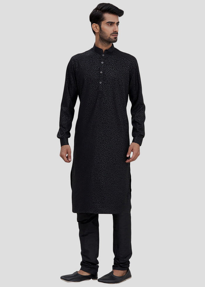 2 Pc Black Dupion Silk Kurta And Pajama Set