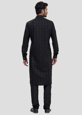 2 Pc Black Dupion Silk Kurta And Pajama Set