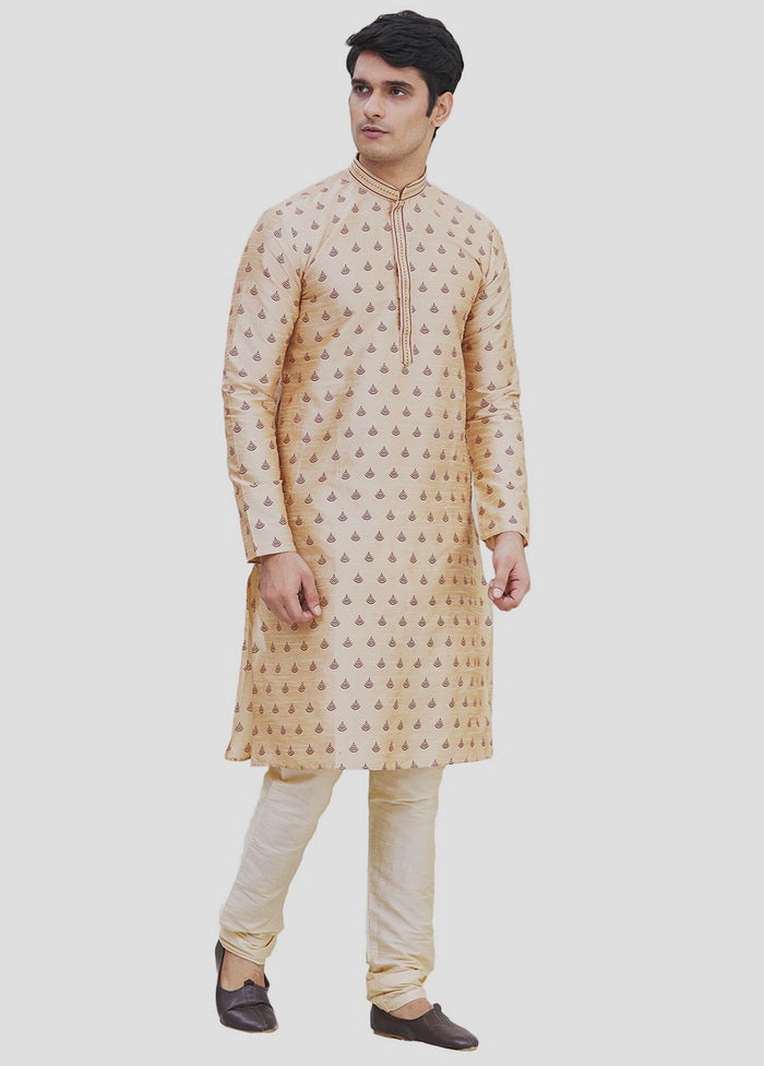 2 Pc Beige Dupion Silk Kurta And Pajama Set